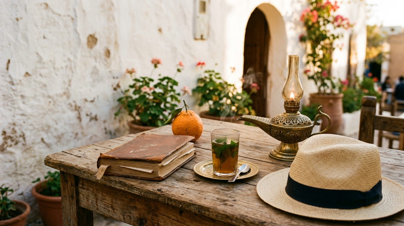 A golden hour still life on a North African cafe table with a worn leather bound French novel, a glass of mint tea, a brass lamp, an orange and a straw hat against a whitewashed wall