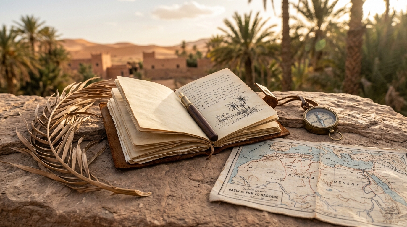 An open leather travel journal with a fountain pen, a brass compass, dried palm fronds and a folded linen map on warm sandstone in afternoon light for Andre Gide travel quotes