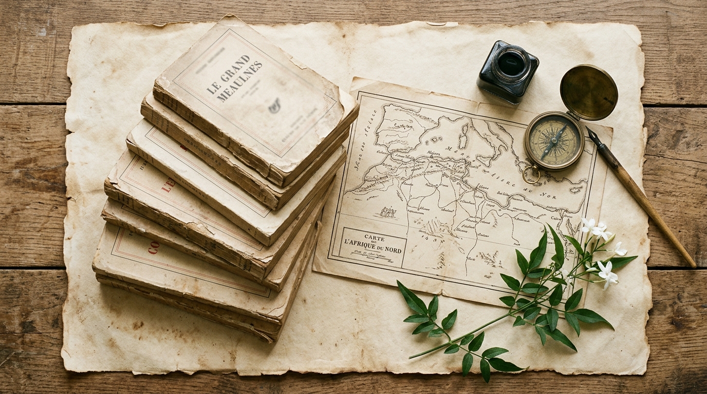 A flatlay of vintage French paperbacks, a hand drawn map of North Africa, a brass compass, an inkwell and a sprig of jasmine on aged parchment for Andre Gide travel quotes