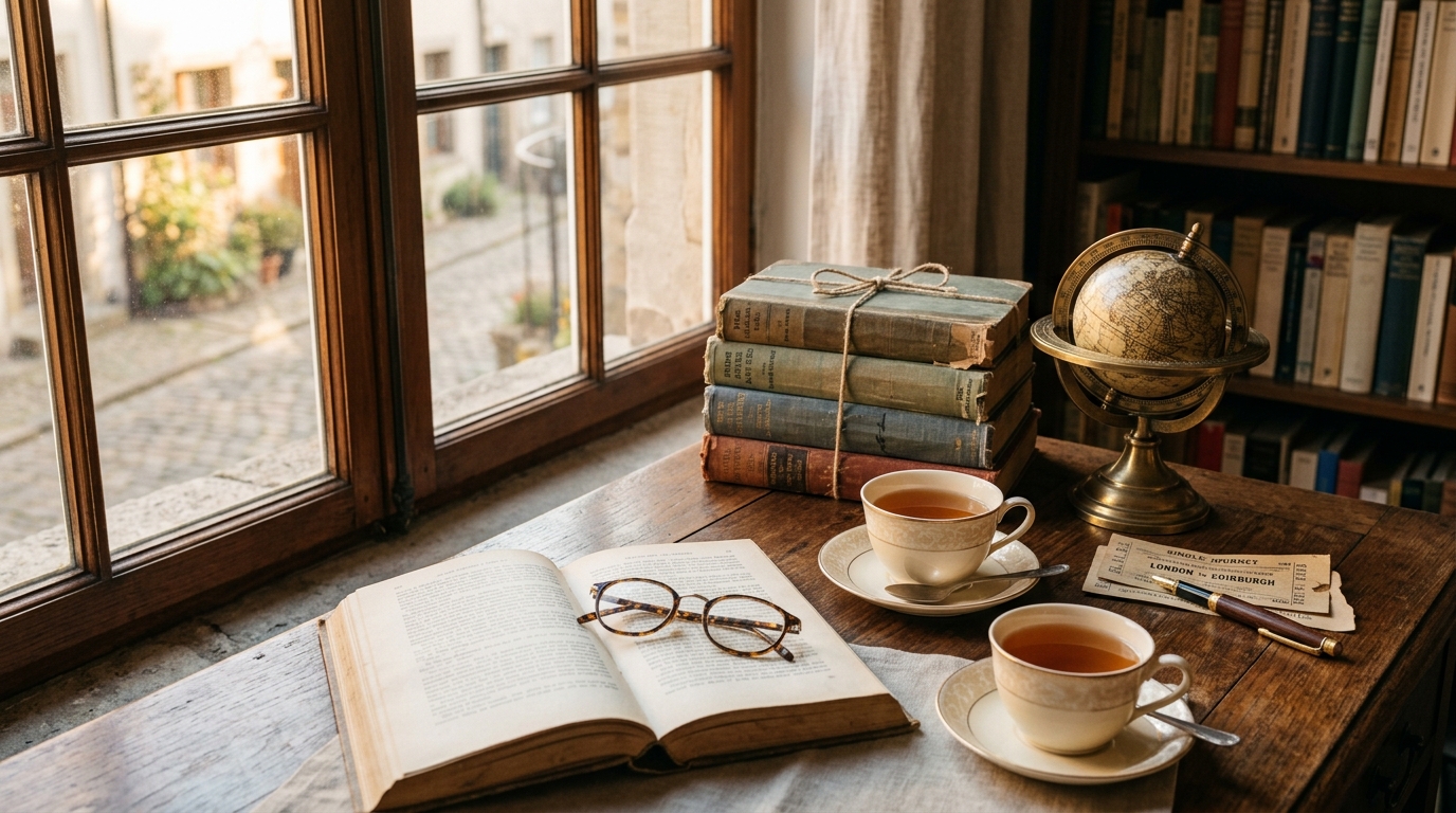 A sunlit writer's desk by a window with a small stack of well worn novels, a teacup, reading glasses and a folded train ticket beside a little brass globe