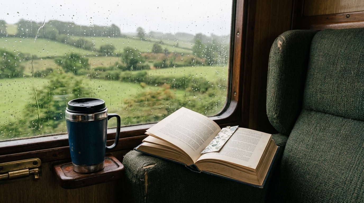An open hardcover novel resting on a train seat beside a rain flecked window with green English countryside passing outside for Anna Quindlen travel quotes