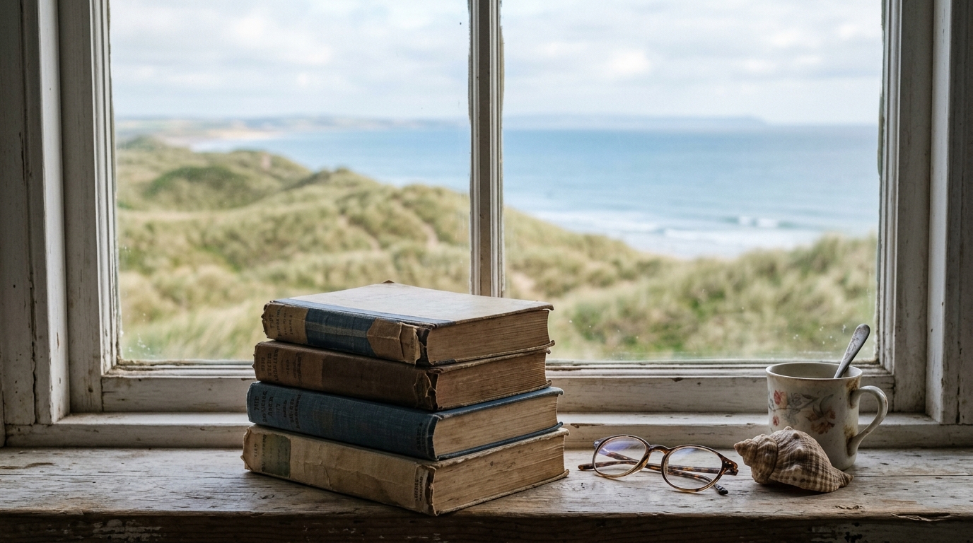 A stack of dog eared hardcover novels on a windowsill overlooking grassy seaside dunes in soft morning light for Anna Quindlen travel quotes
