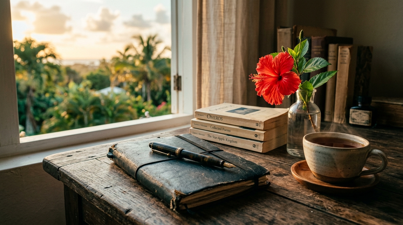 A worn poetry notebook and fountain pen in warm Caribbean window light with a red hibiscus bloom and well-read paperbacks