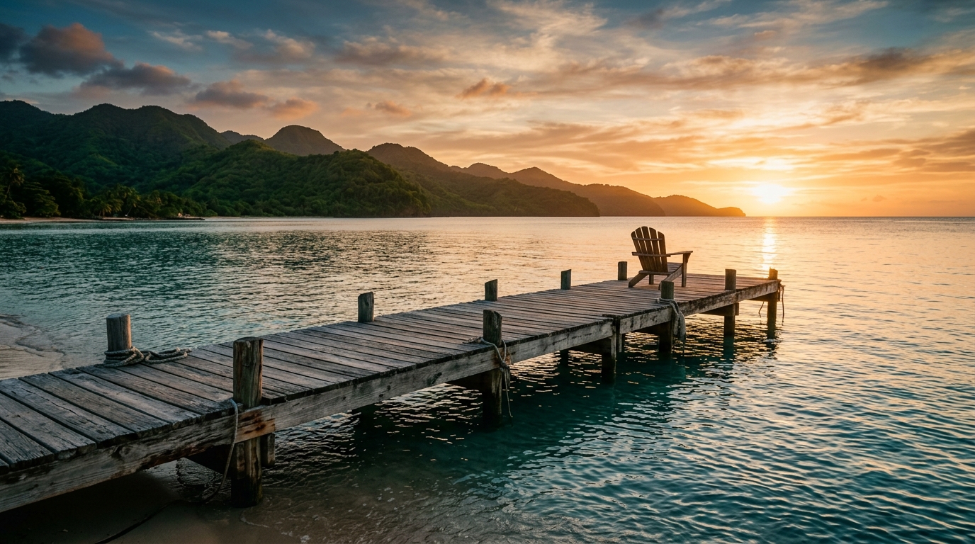 A weathered wooden dock and a single chair over calm turquoise Caribbean water at golden hour for Audre Lorde travel quotes