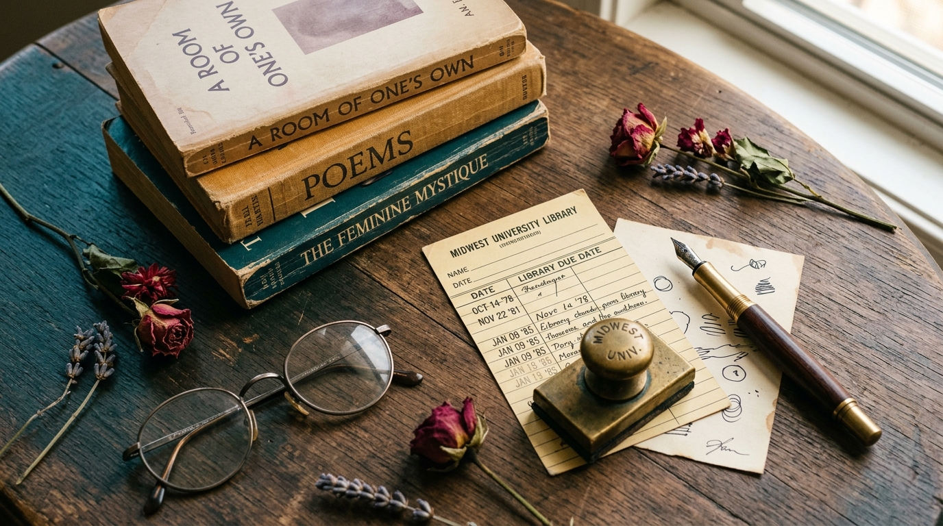A flatlay of vintage poetry paperbacks, an old library card, a fountain pen and dried red flowers on a wooden table for Audre Lorde travel quotes