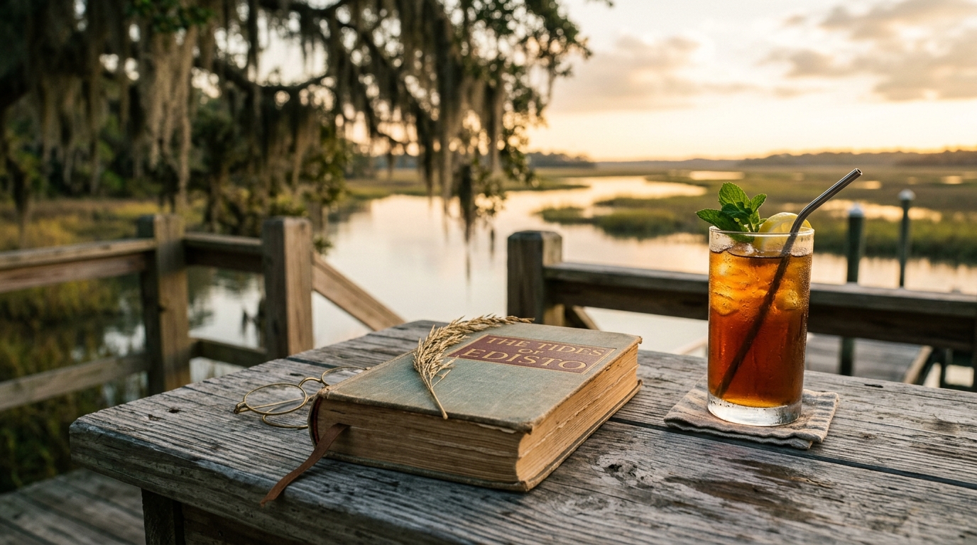 A worn hardback novel and a glass of sweet tea on a weathered dock table overlooking a Lowcountry salt marsh at golden hour
