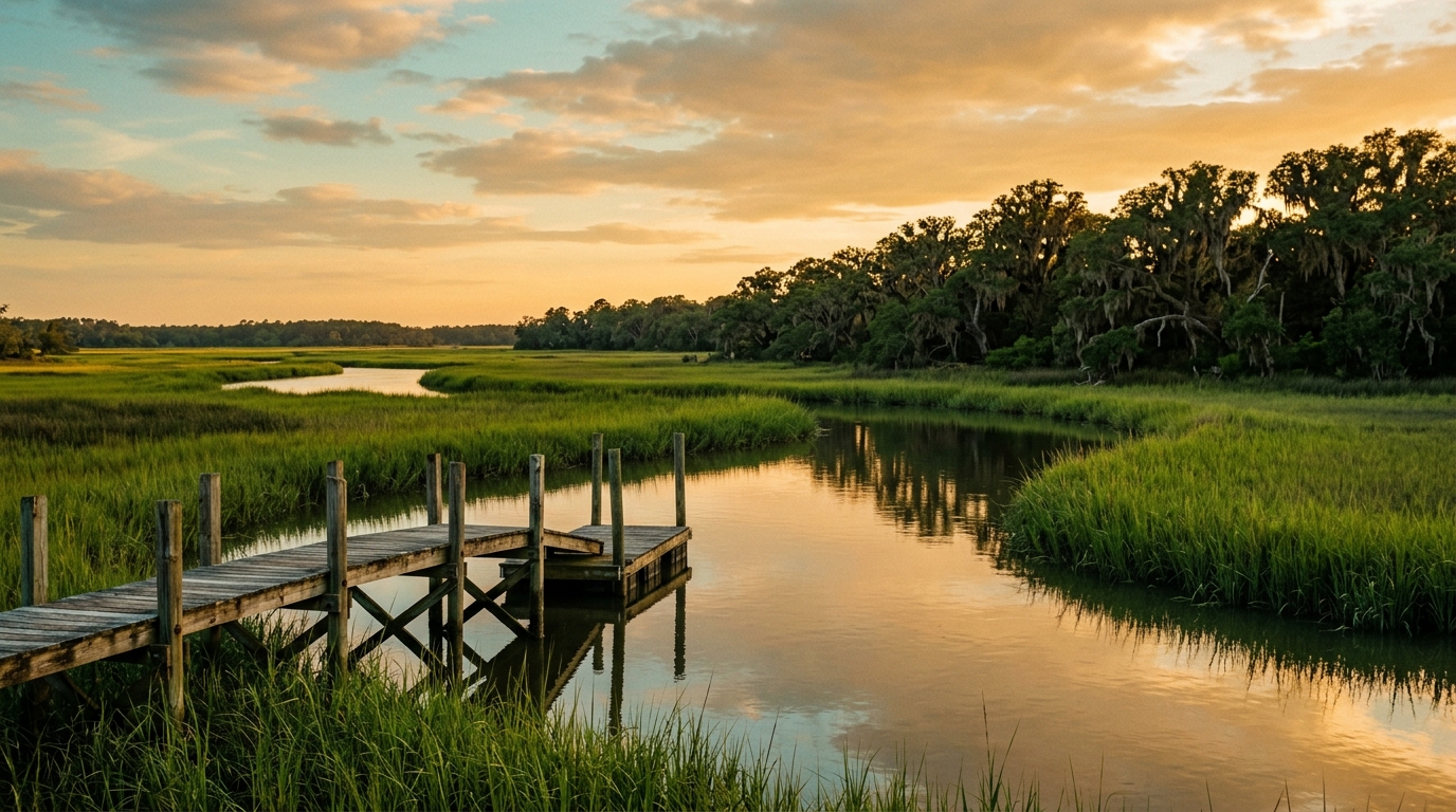 A winding Lowcountry salt marsh creek and a weathered wooden dock at golden hour with live oaks and Spanish moss for Pat Conroy travel quotes