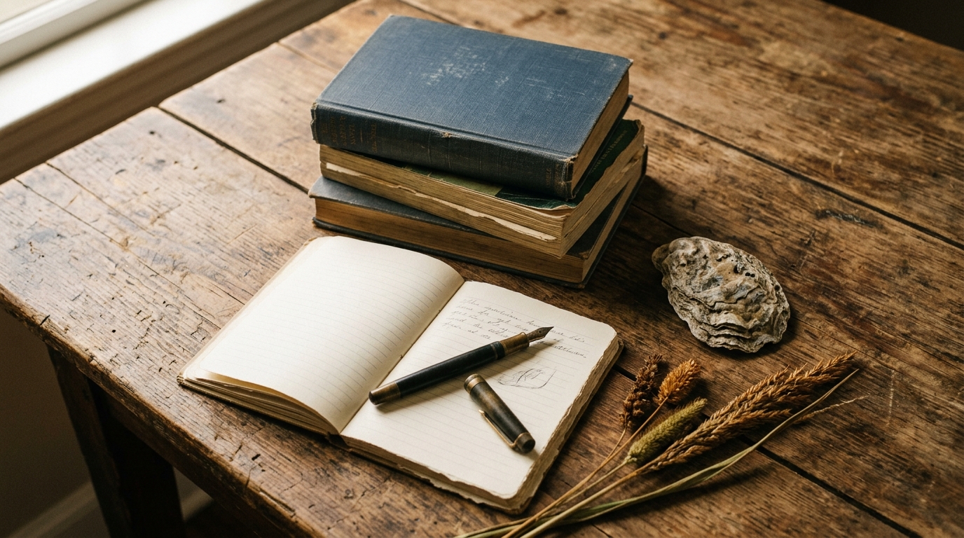 A flatlay of well-read novels, a fountain pen, a notebook and an oyster shell on a wooden table in soft window light for Pat Conroy travel quotes