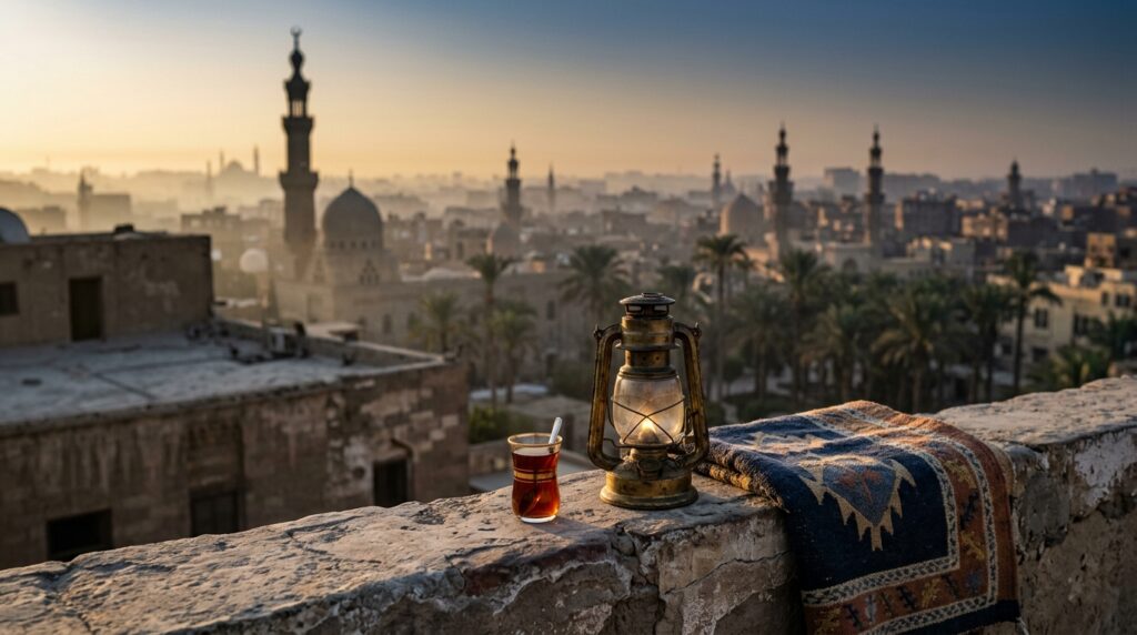 A tea glass and brass lantern on a rooftop parapet at first light overlooking a hazy old city skyline with minarets and date palms