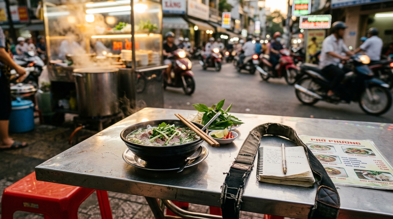 Steaming bowl of pho with herbs on a low metal street table in Saigon at dusk, with a laminated translation card and notebook beside it