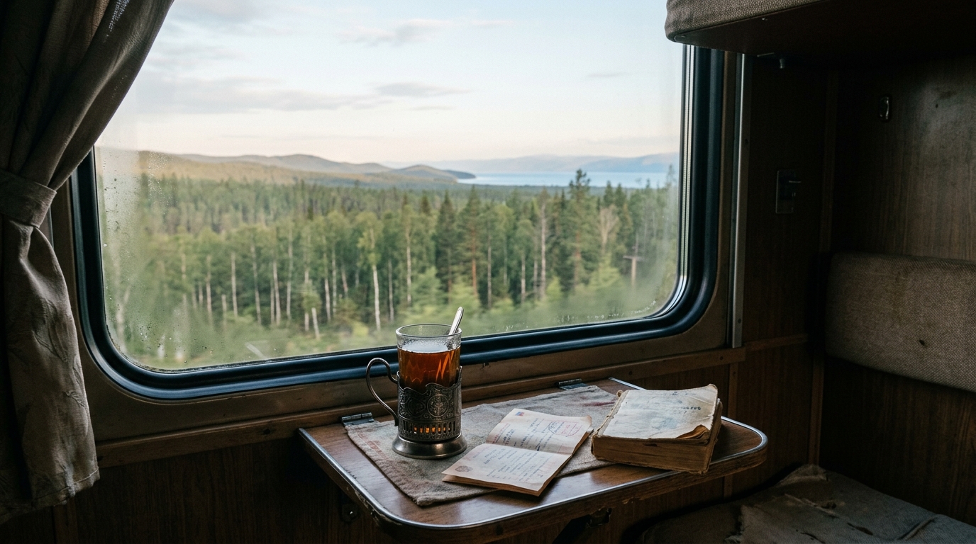 Glass of black tea in a metal holder on a Trans-Siberian train window table with birch forest rolling past outside for Jodi Ettenberg travel quotes