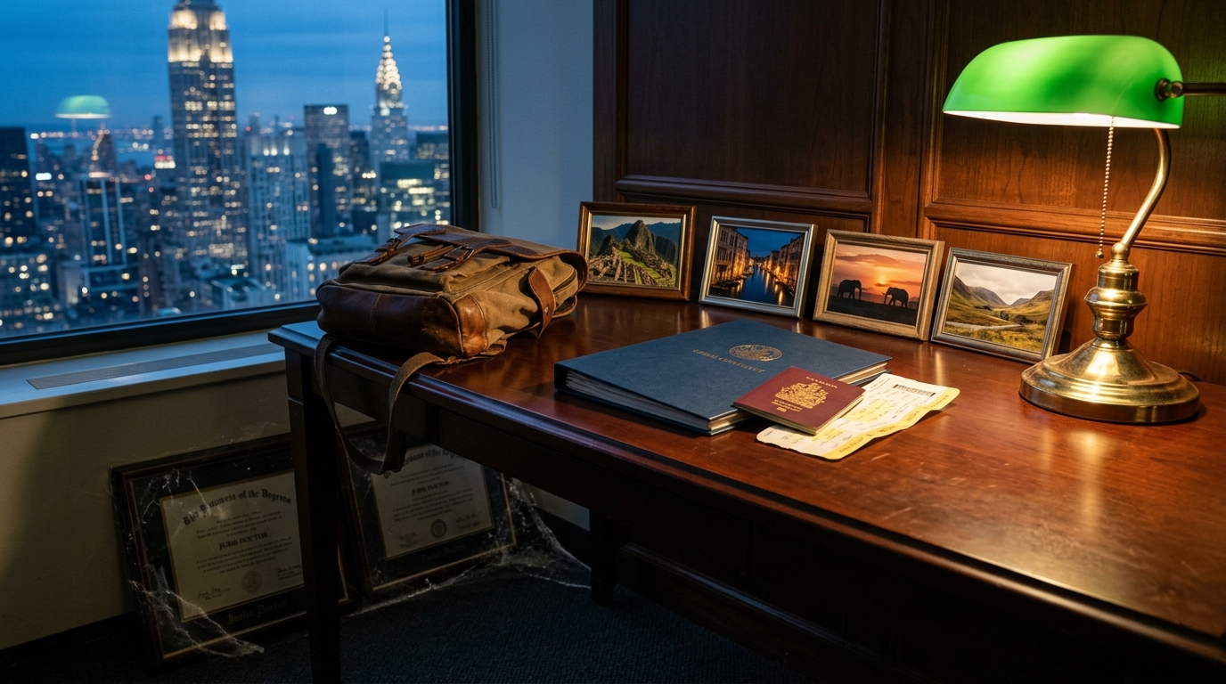 Backpack, one-way ticket and passport on a law office desk at dusk with framed law degrees gathering dust beneath it for Jodi Ettenberg travel quotes