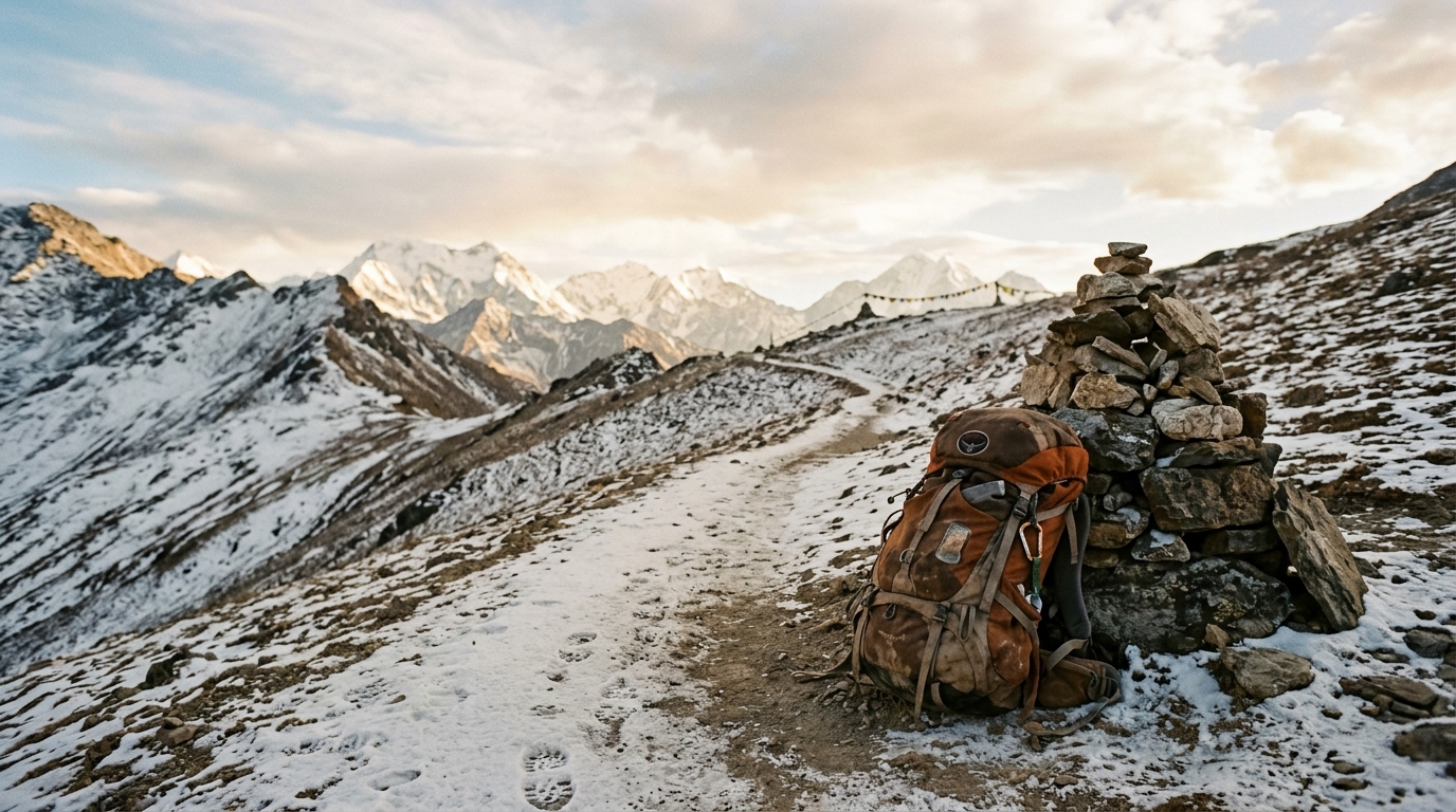 Golden hour light on an empty high mountain trail with one set of boot prints and a weathered backpack resting against a stone cairn
