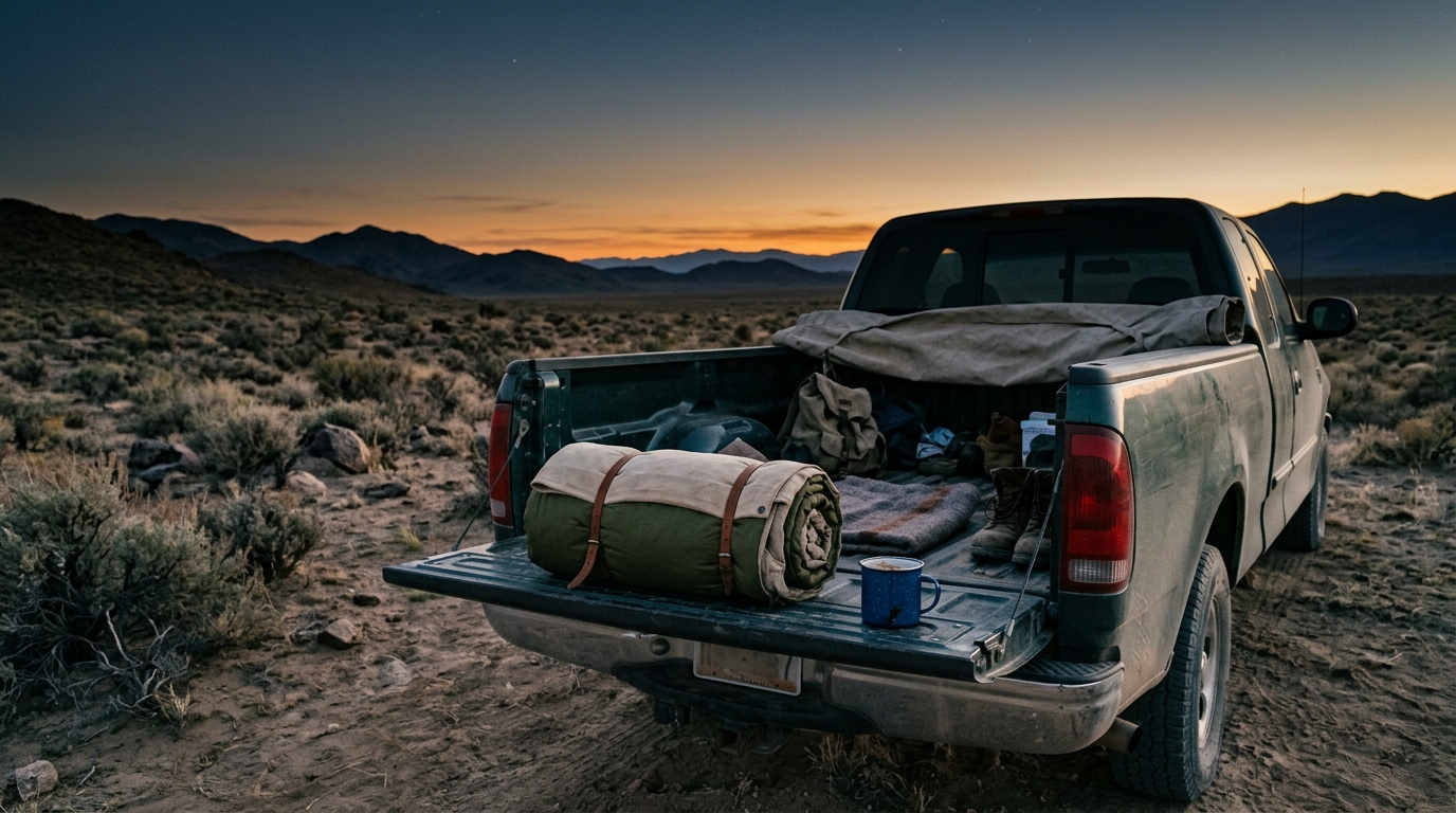 Truck bed camp under an open desert sky at dusk with a rolled sleeping bag and an enamel camp coffee mug on the tailgate for Kristin Addis travel quotes