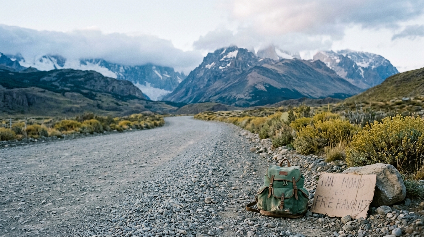 Empty winding gravel road through Patagonian mountains in soft morning light with a small backpack and cardboard sign at the shoulder for Kristin Addis travel quotes