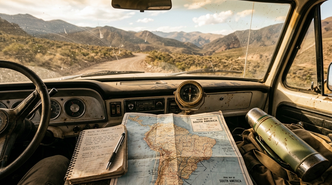A creased road map of the Americas, a reporter's notebook and a brass compass on the dashboard of an expedition truck in dusty late afternoon light