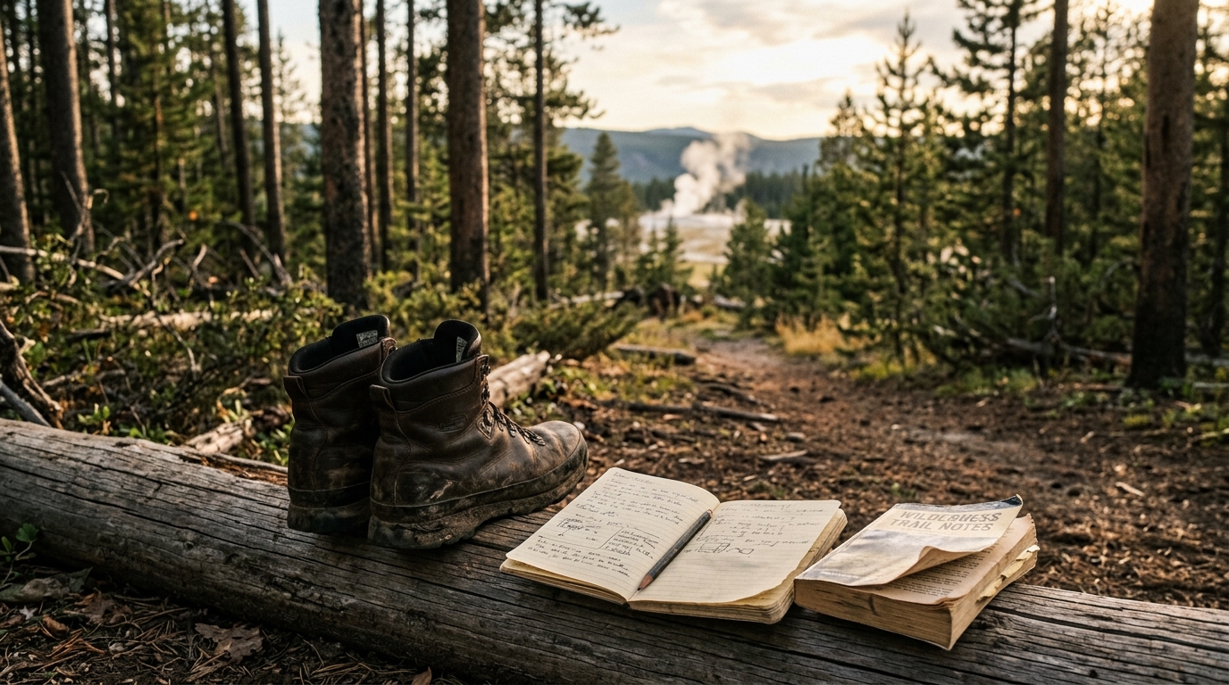 Worn hiking boots beside an open notebook and a dog-eared paperback on a log along a Yellowstone backcountry trail for Tim Cahill travel quotes