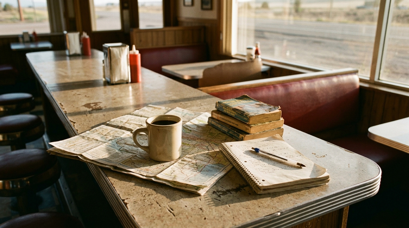Road maps, black coffee, adventure paperbacks and a reporter's notebook spread across a roadside diner counter in golden light for Tim Cahill travel quotes
