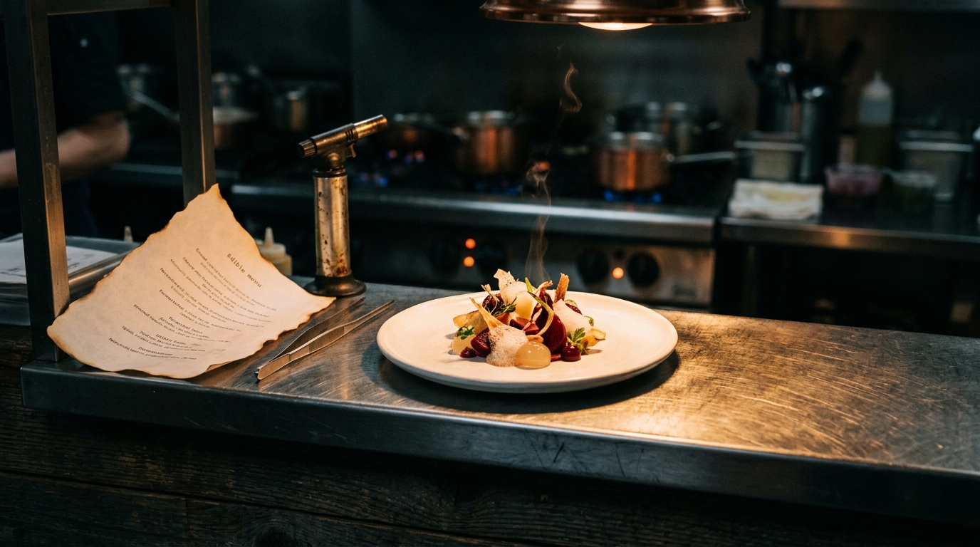 A darkened chef's pass under warm light with an avant-garde plated dish, a sheet of edible printed menu paper, plating tweezers and a culinary torch on brushed steel for homaro cantu travel quotes