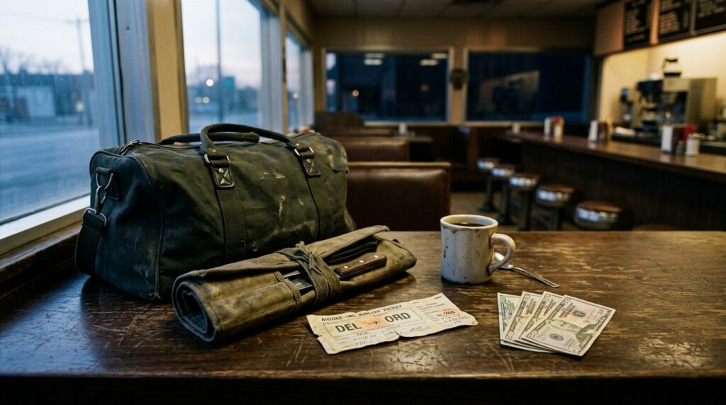 A worn diner counter at dawn with a one-way airline ticket stub, a fan of US cash, a battered duffel bag and a rolled set of chef's knives in canvas for homaro cantu travel quotes