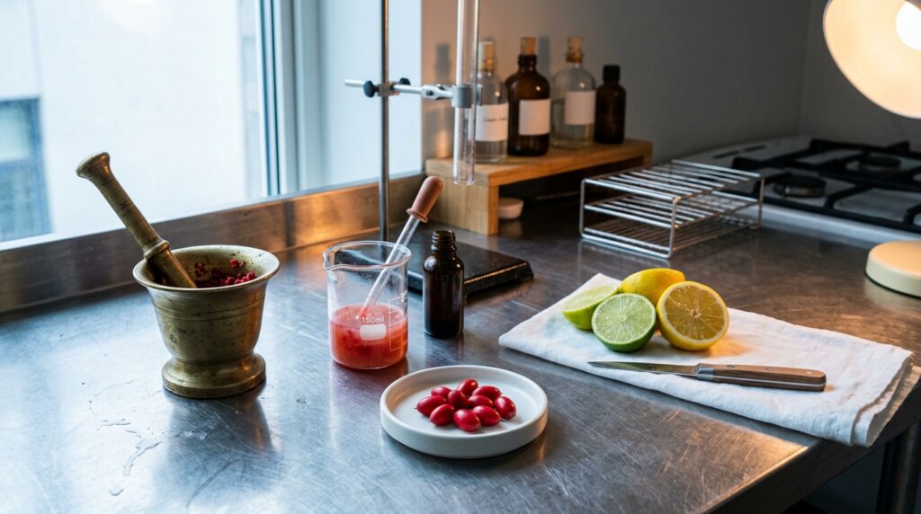 A stainless lab-kitchen counter with a dish of bright red miracle berries, a beaker and pipette, a brass mortar and pestle and halved citrus under mixed light