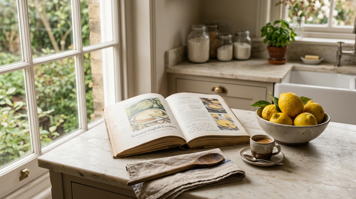 An open cookbook, an espresso cup and a bowl of lemons on a marble kitchen counter in soft morning light