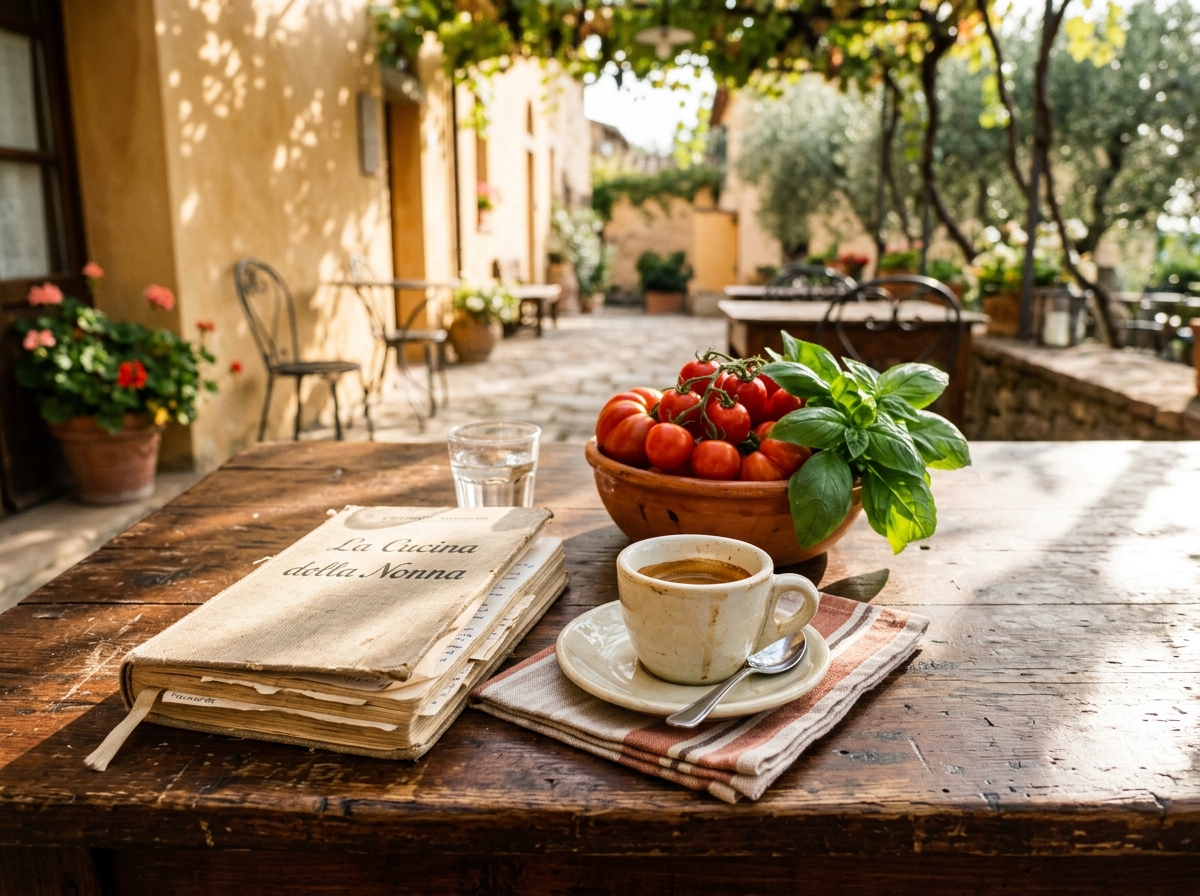 An espresso cup, an Italian recipe book and a bowl of tomatoes with basil on a sunlit cafe table for Nigella Lawson travel quotes