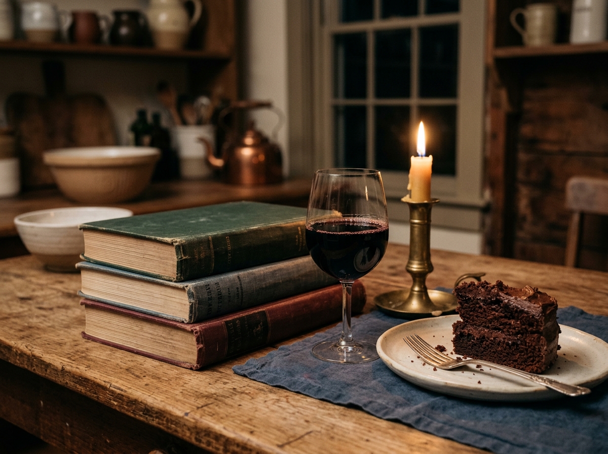A stack of cookbooks, a glass of red wine and a slice of chocolate cake on a kitchen table in warm candlelight for Nigella Lawson travel quotes
