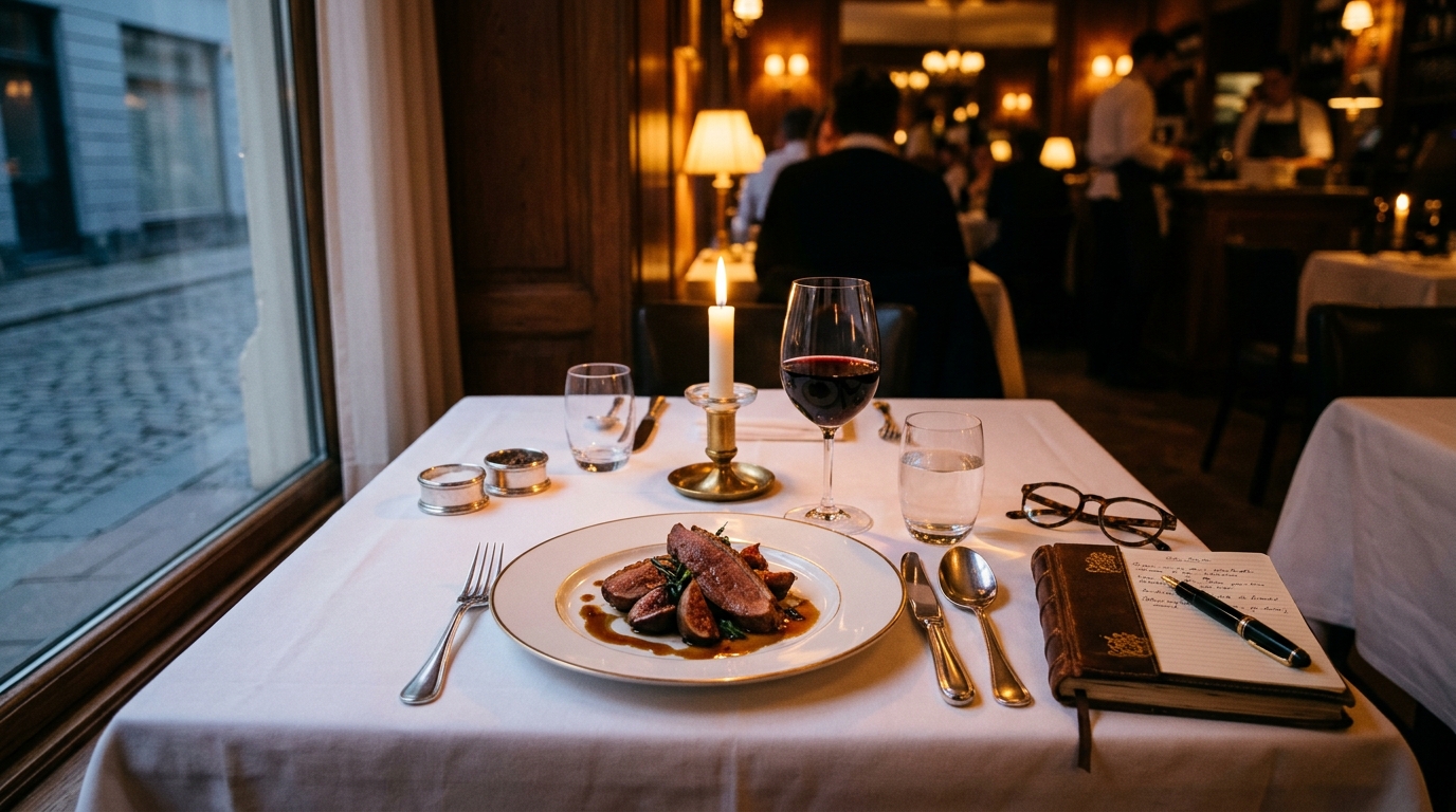 A restaurant table set for one at dusk with a glass of red wine, a notebook and pen, and reading glasses, evoking a critic dining alone in disguise