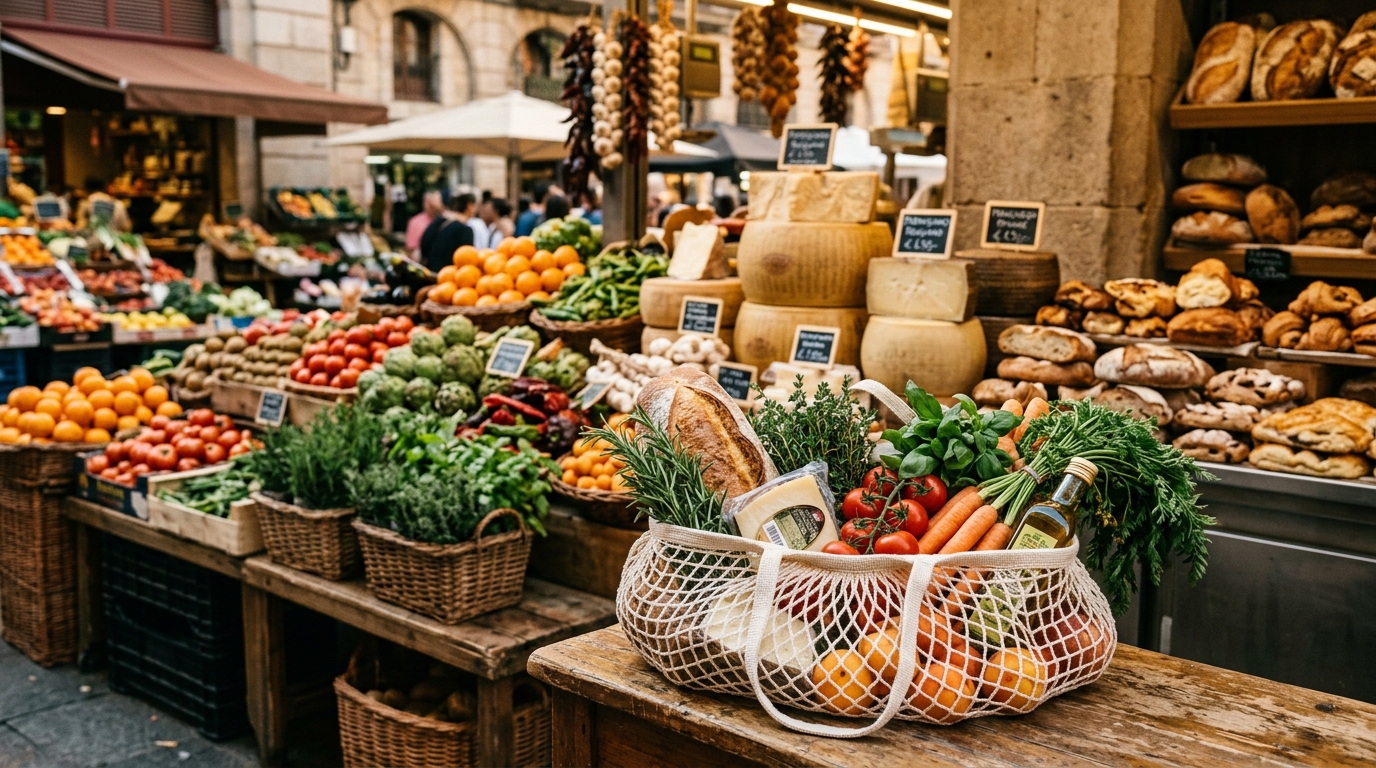 A golden-hour European market stall piled with produce, cheese and bread with a string bag of groceries in the foreground for Ruth Reichl travel quotes