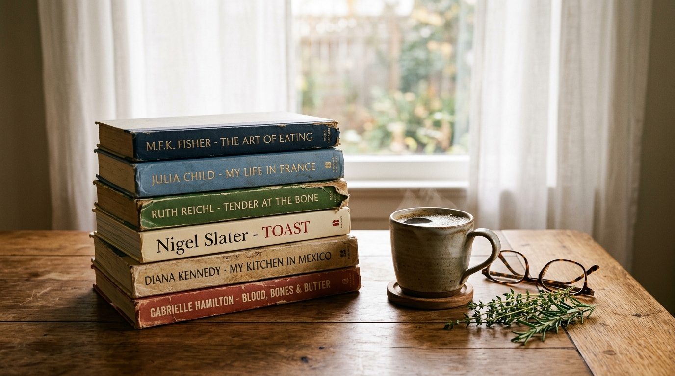 A stack of well-worn hardback food memoirs on a kitchen table beside a coffee cup and reading glasses in soft morning light for Ruth Reichl travel quotes