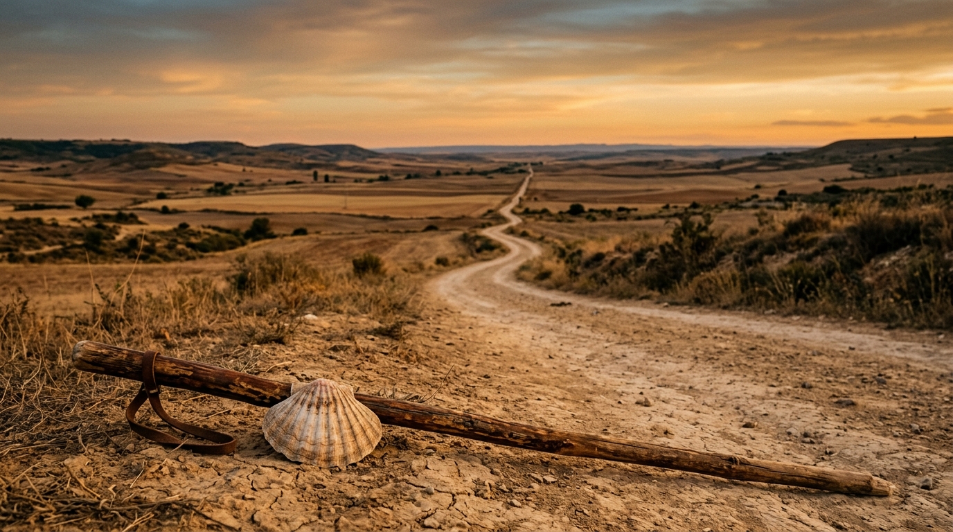 A long empty Camino de Santiago pilgrim trail stretching across the dusty Spanish meseta at dusk, with a single scallop shell and a worn wooden walking staff resting in the warm golden foreground light
