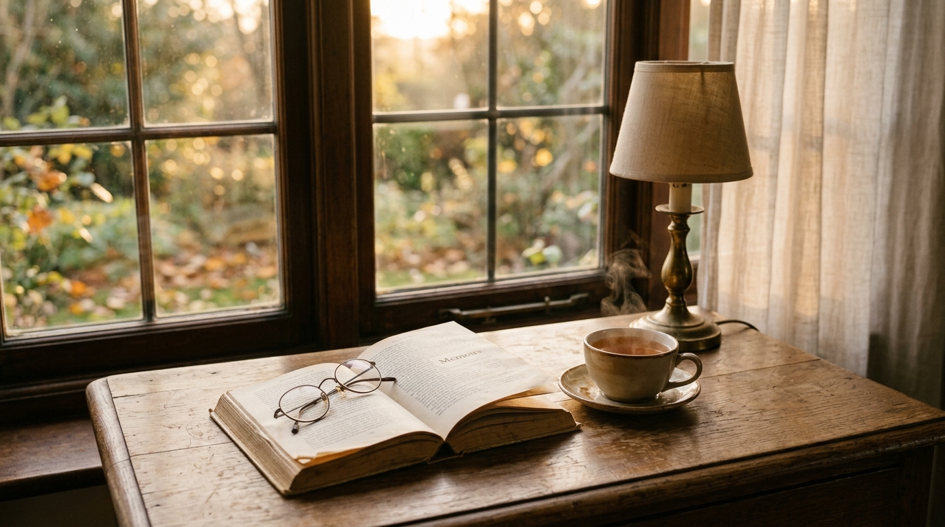 A solitary writing desk beside a window at golden hour holding a well-worn open paperback memoir, reading glasses and a steaming cup of tea for Shirley MacLaine travel quotes