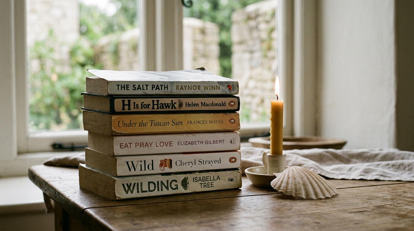 A stack of well-worn travel and spiritual memoir paperbacks on a wooden table beside a scallop shell and a lit candle in soft morning light for Shirley MacLaine travel quotes