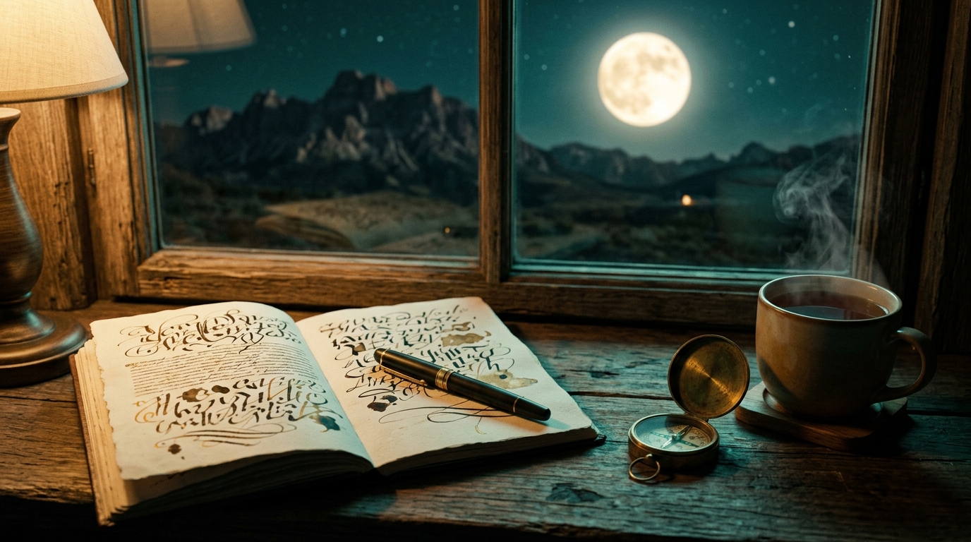 A nighttime still life of an open hand-lettered journal, a fountain pen, a brass compass and a cup of tea on a windowsill, with a full moon glowing over a distant landscape