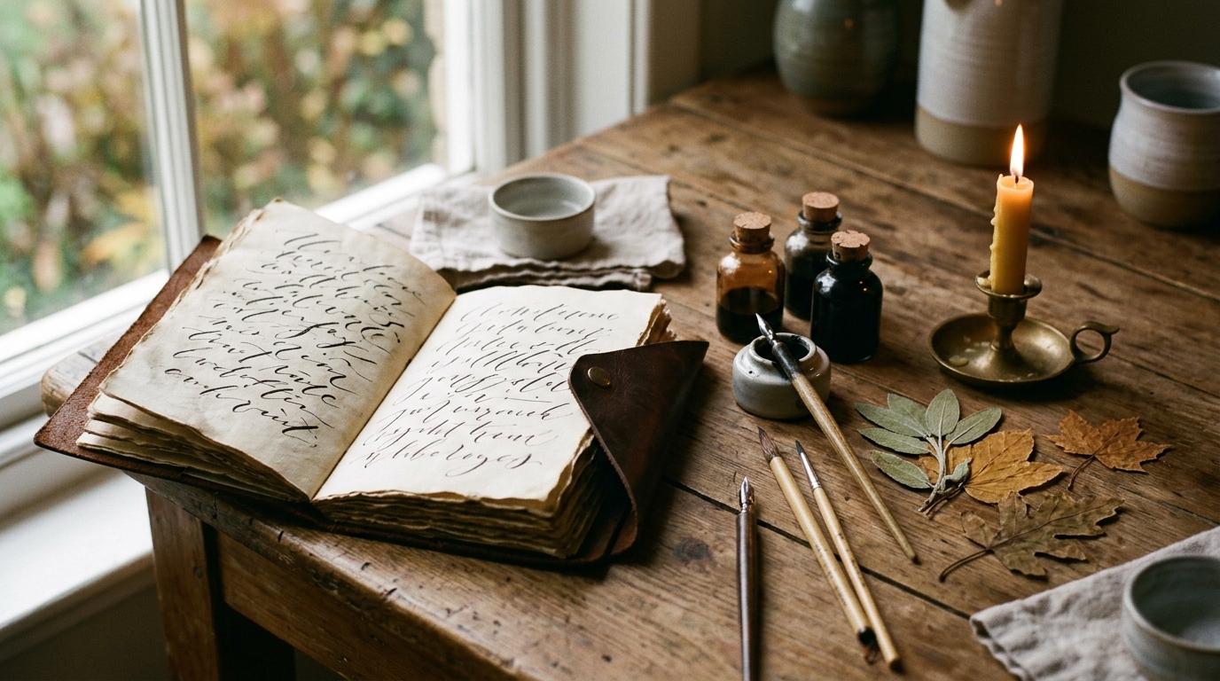 A calligrapher's worktable with ink, brushes, pressed leaves and an open sketchbook of hand-lettering in soft morning light for Mary Anne Radmacher travel quotes