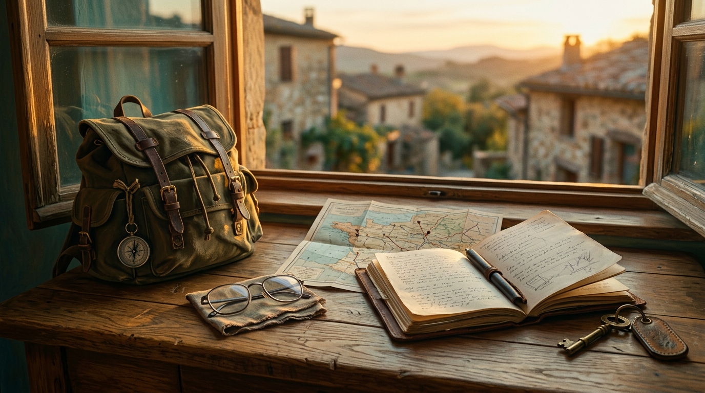 A worn leather travel journal open beside a folded paper map, a packed daypack and reading glasses on a desk at golden hour for Mary Anne Radmacher travel quotes