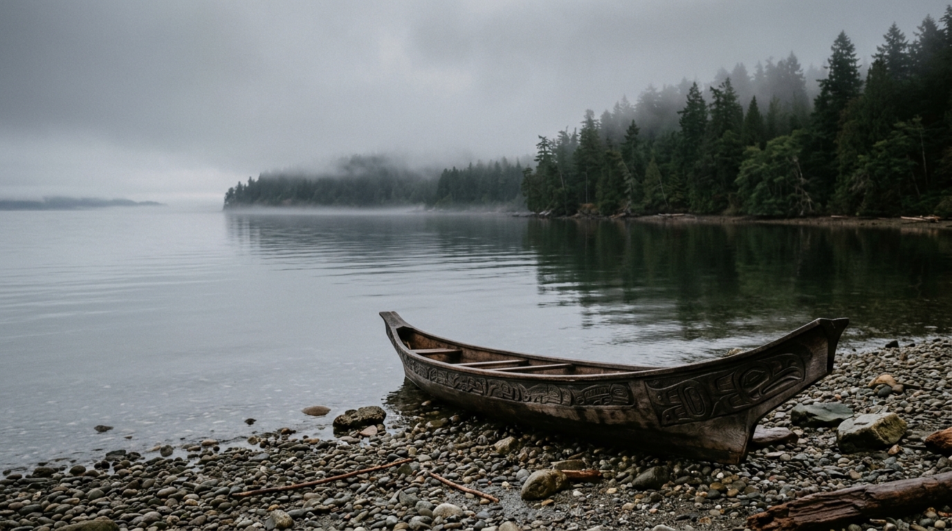 A traditional cedar canoe resting on a pebble beach at misty dawn on Puget Sound, with a dark evergreen forested shoreline behind