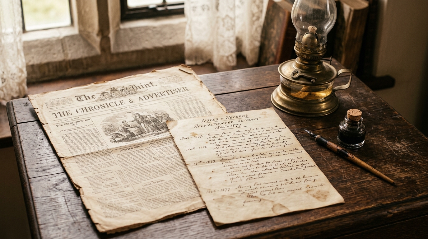 An old nineteenth-century newspaper page and handwritten notes on a wooden desk beside a brass oil lamp, evoking a reconstructed historical record for Chief Seattle travel quotes