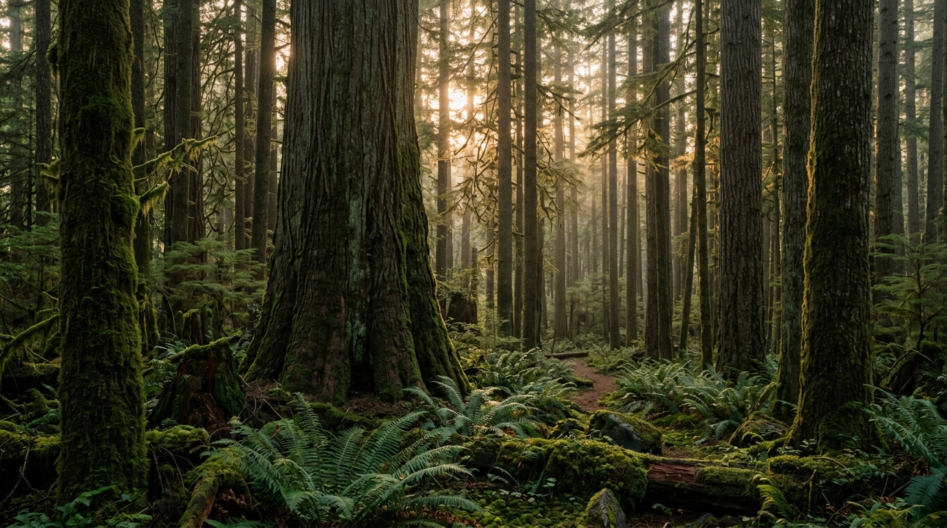 A quiet old-growth Pacific Northwest evergreen forest at golden hour, with shafts of light falling through tall cedar and fir trees onto ferns and moss for Chief Seattle travel quotes