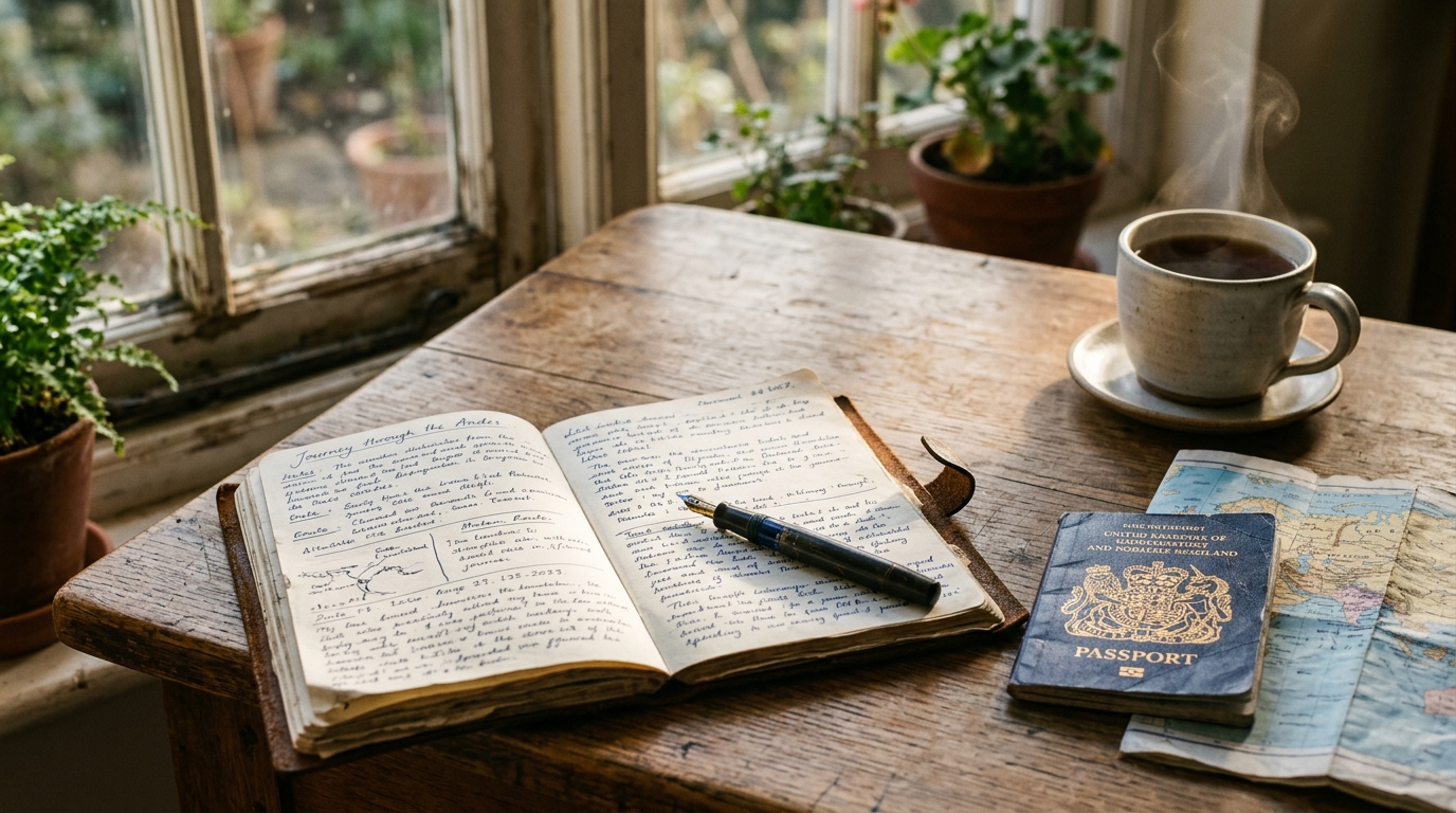 A travel writer's desk by a window: an open notebook, a fountain pen, a worn passport, a folded map and a cup of tea in warm morning light