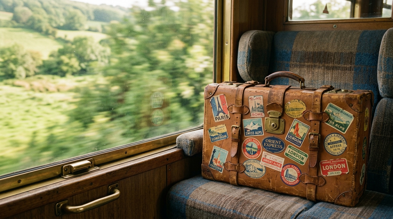 A weathered leather suitcase covered in faded travel stickers resting beside a train window with a blurred landscape passing outside for Michael Palin travel quotes