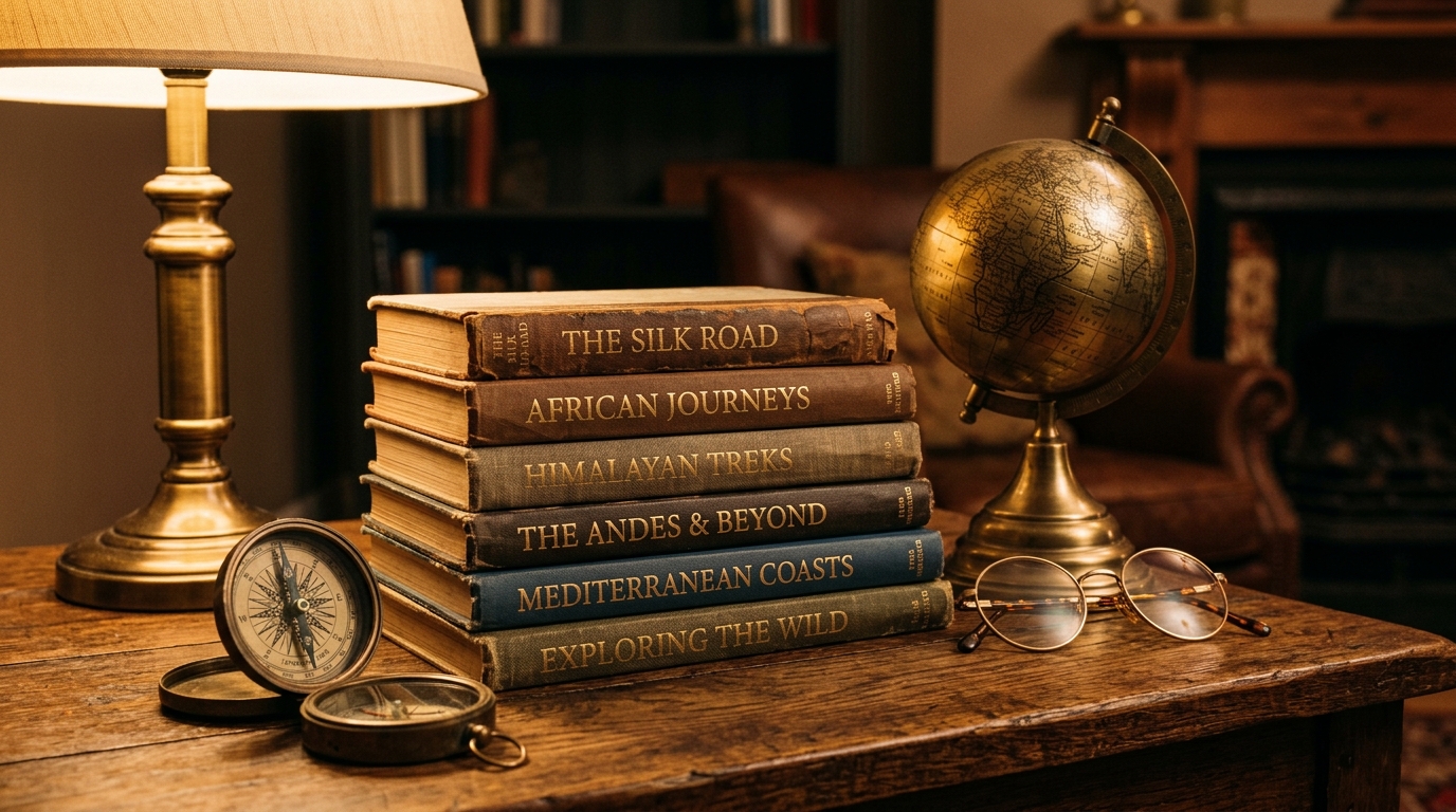 A stack of well-thumbed hardback travel books beside a small globe, a pair of reading glasses and a brass compass under warm lamplight for Michael Palin travel quotes