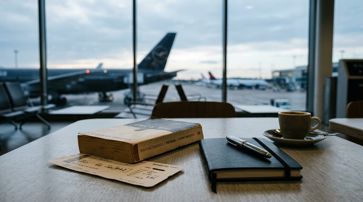 A paperback, boarding pass, black notebook and espresso cup on an airport departure lounge table in grey dawn light