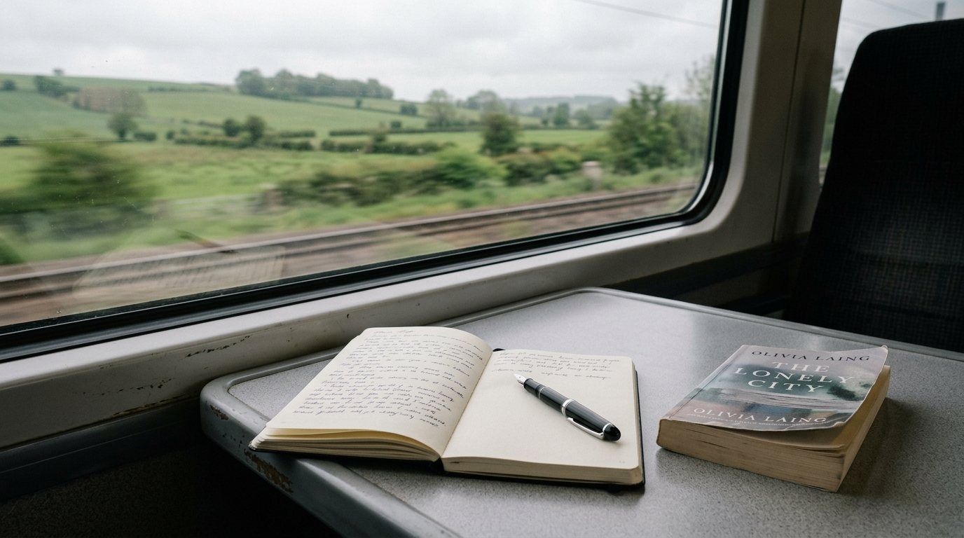 An open notebook, fountain pen and paperback on a train fold-down table with blurred countryside passing the window for alain de botton travel quotes