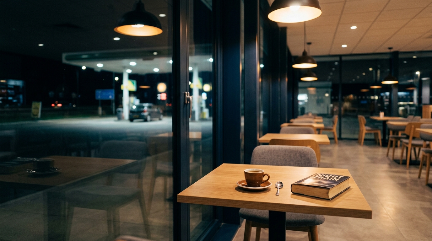An empty motorway service station seating area at night with an espresso cup and paperback on a foreground table for an alain de botton travel quotes