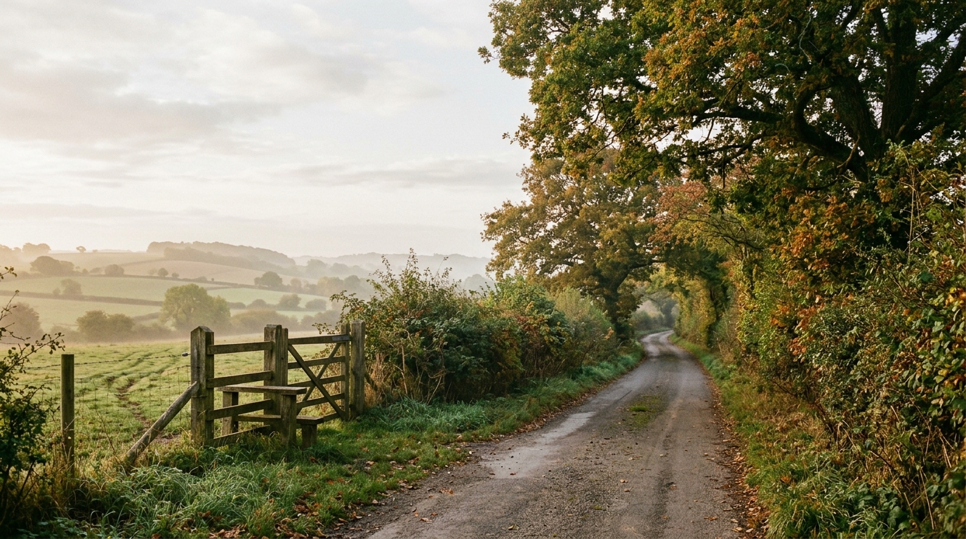 An empty English country lane between hedgerows in autumn morning mist with a wooden stile and low hills beyond for C.S. Lewis travel quotes