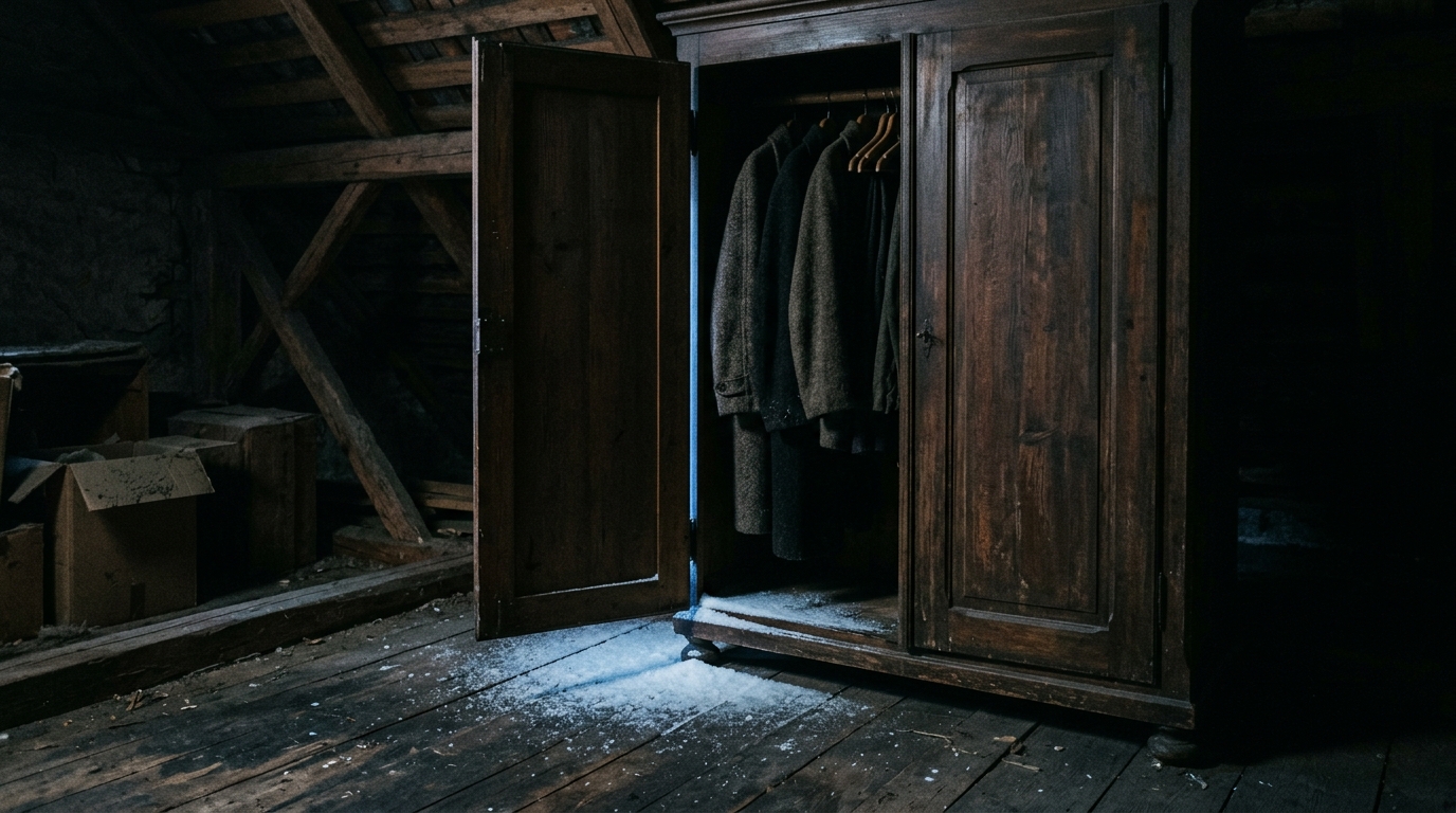An old wooden wardrobe with its door ajar spilling cold winter light and a hint of snow onto dark attic floorboards for C.S. Lewis travel quotes