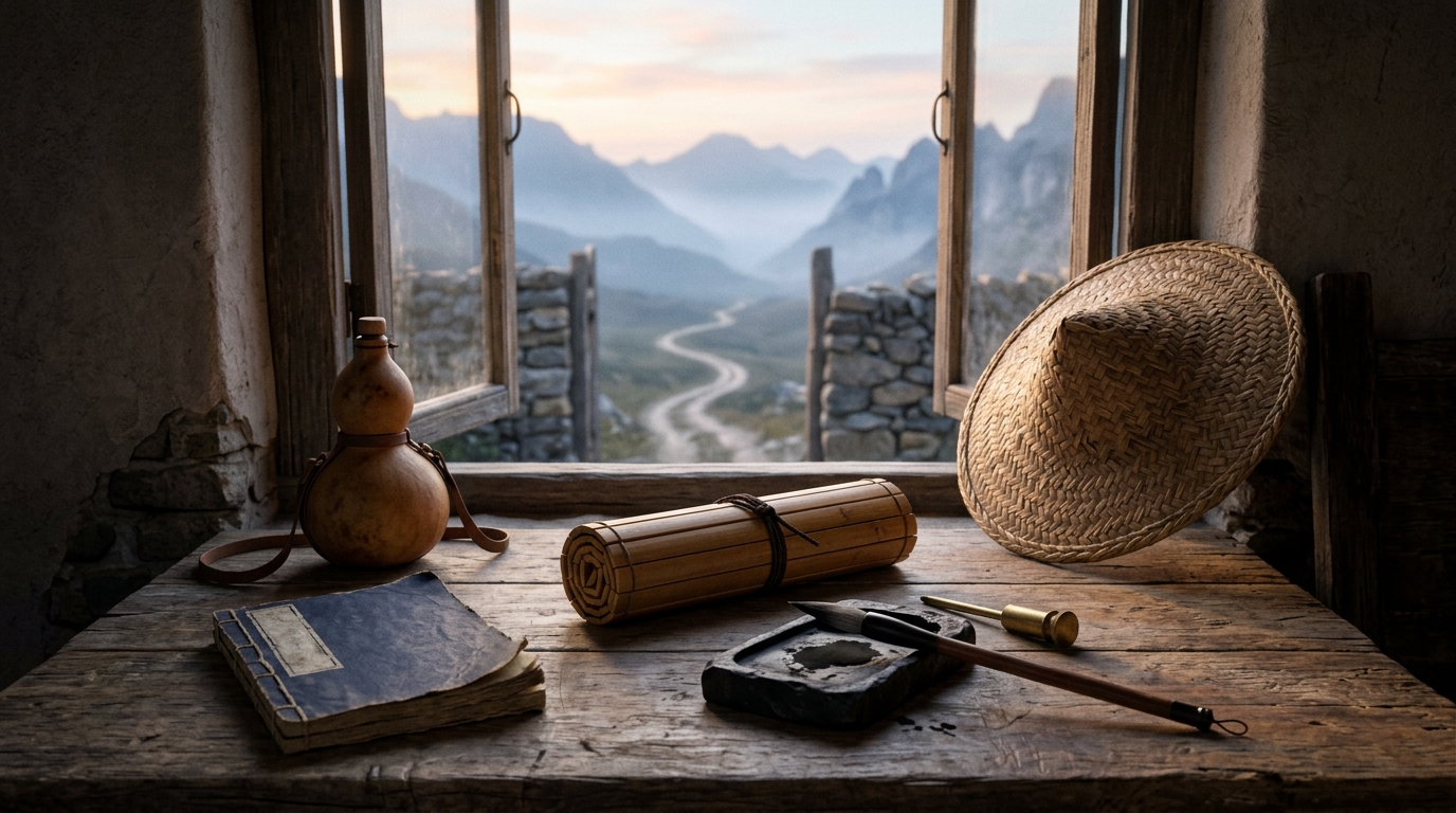 A scholar's table at a misty mountain frontier gate at dawn with a bamboo scroll, ink stone and brush, a hand-bound book, a gourd flask and a straw traveller's hat, a track winding west into the mountains beyond the window for lao tzu travel quotes