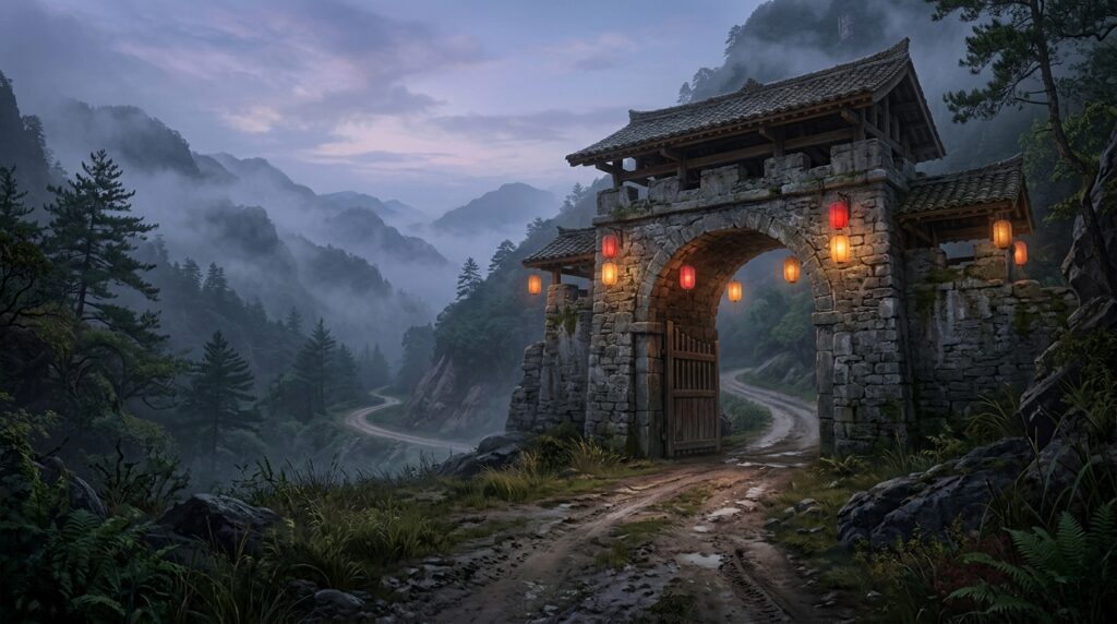 An ancient Chinese stone mountain pass gate at dusk with paper lanterns and a worn road curving away into misty layered mountains lao tzu travel quotes